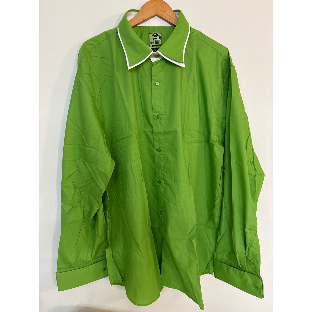 Raw Blue Nu Realms Mens 3XL Green Button Up Shirt Long Sleeve White Trim NWT